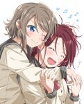  2girls absurdres blue_eyes blush bow bowtie closed_eyes closed_mouth commentary_request furrowed_brow grey_hair grey_sailor_collar hand_on_another&#039;s_head heart highres hug hug_from_behind long_hair long_sleeves love_live! love_live!_sunshine!! multiple_girls musical_note one_eye_closed open_mouth red_bow red_bowtie red_hair sailor_collar sakurauchi_riko school_uniform shirt short_hair sidelocks sleeve_cuffs upper_body uranohoshi_school_uniform v-shaped_eyebrows watanabe_you white_background white_shirt winter_uniform yuchi_(salmon-1000) yuri 