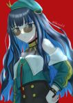  1girl absurdres bare_shoulders beret black_hair blue_hair bracelet colored_inner_hair fate/grand_order fate_(series) grey_eyes hat highres jacket jewelry long_hair looking_at_viewer looking_over_eyewear multicolored_hair neck_ring red_background solo sunglasses tenochtitlan_(fate) tenochtitlan_(second_ascension)_(fate) two-tone_hair uriuriyukitti 