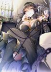  1girl alcohol bare_shoulders black_dress black_thighhighs blush breasts bridal_gauntlets brown_hair chain cleavage cup detached_sleeves dress drinking_glass fate/apocrypha fate_(series) fur_trim gold_trim grin highres large_breasts len_(hand_linke) long_hair looking_at_viewer pointy_ears semiramis_(fate) sidelocks sitting smile solo spikes thighhighs very_long_hair wine wine_glass yellow_eyes 