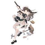  1girl apron arm_up assault_rifle bag black_dress black_footwear bonnet breasts bridal_garter broken broken_cup broken_table brown_bag brown_eyes brown_hair cleavage closed_mouth dress full_body girls&#039;_frontline green_hair green_necktie gun handbag highres holding holding_gun holding_weapon long_hair looking_at_viewer m4_carbine m4a1_(fluffy_fruit_tea)_(girls&#039;_frontline) m4a1_(girls&#039;_frontline) maid maid_apron mary_janes multicolored_hair necktie official_alternate_costume official_art pantyhose puffy_sleeves rifle serious shoes simple_background solo streaked_hair table third-party_source torn_apron torn_clothes torn_dress torn_necktie torn_pantyhose torn_straps transparent_background tray umo_(mica_team) weapon white_apron white_pantyhose 