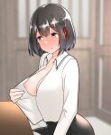  1girl black_hair black_skirt blurry blurry_background blush breasts collared_shirt flashing furaggu_(frag_0416) grey_eyes haguro_(kancolle) haguro_kai_ni_(kancolle) hair_ornament highres kantai_collection long_sleeves medium_breasts miniskirt nipples no_bra nose_blush one_breast_out oppai_challenge pantyhose shirt short_hair sitting skirt solo white_pantyhose white_shirt 