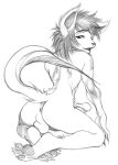 anthro anus backsack balls biped canid canine fur genitals graphite_(artwork) greyscale hair hindpaw kneeling looking_back male mammal marudi monochrome open_mouth paws pencil_(artwork) raised_tail rear_view simple_background solo tail traditional_media_(artwork) white_background