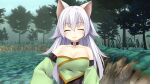  1girl animal_ears atelier-moo bare_shoulders breasts cat_ears cat_girl cleavage closed_eyes closed_mouth felin forest hair_between_eyes hands_on_own_hips highres large_breasts long_hair long_sleeves narrow_waist nature smile solo standing upper_body white_hair wizards_symphony 
