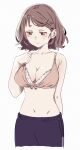  1girl arm_behind_back blush bra breasts brown_hair collarbone hair_ornament hairclip hand_up highres lace lace_bra large_breasts looking_down mi_(pic52pic) nervous no_shirt original pants red_bra red_eyes red_hair simple_background solo track_pants underwear white_background 