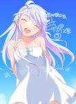  1girl arms_behind_back bare_shoulders blue_sky blush breasts character_request closed_eyes commentary_request copyright_request dress facing_viewer highres inoue_sora long_hair medium_breasts open_mouth outdoors sky smile solo sundress white_dress white_hair 