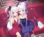  2girls absurdres blue_archive breasts chocolate_chip_cookie cookie couch demon_girl demon_horns demon_wings embarrassed food halo highres hina_(blue_archive) hina_(dress)_(blue_archive) horns hot_chocolate long_hair luxuriou_s multiple_girls mutsuki_(blue_archive) mutsuki_(dress)_(blue_archive) on_couch purple_eyes red_eyes sheet_music small_breasts sparkle table tongue tongue_out white_hair wings 