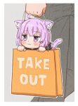  1girl 1other :3 ahoge animal_ears bag bangs blush border cat_ears cat_girl cat_tail chibi commentary dot_nose eyebrows_visible_through_hair highres holding hololive in_bag in_container nekomata_okayu out_of_frame outline pink_eyes pink_hair shopping_bag short_hair solo_focus tail virtual_youtuber watanabe_masafumi_(masafumi_127) white_border white_outline 