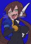  1girl absurdres aile_(mega_man_zx) black_bodysuit blue_jacket blush bodysuit bodysuit_under_clothes breasts breath brown_hair buzzlyears commentary covered_nipples cropped_jacket faux_traditional_media finger_to_tongue green_eyes highres jacket large_breasts long_hair mega_man_(series) mega_man_zx mega_man_zx_advent open_clothes open_jacket ponytail saliva sharp_teeth solo teeth tongue tongue_out upper_body 