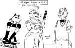 2023 anthro bandage bear breasts canid canine cigar cleavage clothed clothing dialogue dildo domestic_cat english_text eyewear felid feline felis female fox goggles group machine maid_uniform male mammal overalls_only robot robota_(tegerio) sex_toy tegerio text toolbox trio uniform