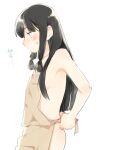  1girl alternate_costume alternate_hairstyle apron bangs black_hair blush brown_apron closed_mouth d.y.x. hair_down kantai_collection kitakami_(kancolle) long_hair naked_apron purple_eyes sidelocks simple_background solo sweat translation_request tying_apron white_background 