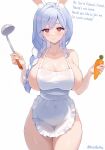  1girl animal_ear_fluff animal_ears apron blue_hair braid breasts carrot closed_mouth english_commentary english_text hair_between_eyes highres holding holding_carrot holding_ladle hololive huge_breasts ladle long_hair looking_at_viewer mature_female naked_apron nutsbutty pekomama rabbit-shaped_pupils rabbit_ears rabbit_girl red_eyes single_braid smile symbol-shaped_pupils thighs twitter_username virtual_youtuber white_background white_hair 