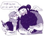  2boys alternate_body_hair bara beard blush chilchuck_tims couple drunk dungeon_meshi dwarf english_text facial_hair hairy highres interracial kewpie_(kewpiekills) long_beard male_focus monochrome multiple_boys nervous plump purple_theme senshi_(dungeon_meshi) sparse_chest_hair speech_bubble squeans thick_arm_hair thick_mustache very_long_beard yaoi 