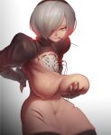  1girl android bad_anatomy black_gloves black_hairband black_legwear breasts closed_mouth damaged derekireba gloves green_eyes grey_hair hair_over_one_eye hairband holding liquid mechanical_parts mouth_hold navel nier_(series) nier_automata puffy_sleeves repairing short_hair skindentation solo thighhighs torn torn_clothes turtleneck wet yorha_no._2_type_b 
