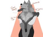 abs absurd_res anthro beastars big_pecs bodily_fluids canid canine canis clothed clothing dialogue digital_media_(artwork) disembodied_hand embarrassed english_text eye_scar facial_scar flustered fur grope hair hand_on_shoulder hi_res legoshi_(beastars) male male/male mammal muscular muscular_anthro muscular_male open_clothing open_shirt open_topwear pec_grab pecs scar shirt simple_background solo sweat text topwear wolf yo_zee