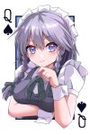  1girl arm_under_breasts blue_eyes blush bow bowtie braid closed_mouth commentary_request green_bow green_bowtie grey_hair happy_ginko highres izayoi_sakuya long_hair looking_at_viewer maid maid_headdress puffy_short_sleeves puffy_sleeves queen_(playing_card) queen_of_spades short_sleeves smile solo spade_(shape) touhou twin_braids wrist_cuffs 