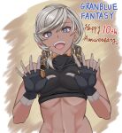  1girl :d abs anniversary bare_shoulders black_gloves black_shirt blue_eyes breasts commentary_request covered_collarbone crop_top cropped_shirt dark-skinned_female dark_skin earclip earrings fiorito_(granblue_fantasy) gloves granblue_fantasy grey_hair hair_ornament happy_anniversary highres jewelry looking_at_viewer midriff navel open_hands open_mouth rizzy shirt short_hair sidelocks sleeveless sleeveless_shirt small_breasts smile solo standing swept_bangs teeth turtleneck turtleneck_shirt upper_body upper_teeth_only 