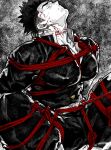  1boy absurdres bara belt blood blood_on_face bound closed_eyes closed_mouth highres himejima_gyoumei ico_aico jacket kimetsu_no_yaiba large_pectorals male_focus muscular muscular_male pants pectorals restrained rope shibari short_hair solo 
