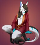 bathrobe bent_over chest_tuft claws clothed clothing curling_toes feet hair hi_res king_chulapa looking_at_viewer male neck_tuft partially_clothed pawpads robe sergal sitting solo tail tail_tuft the-crowfox tuft