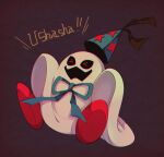  &gt;_&lt; 1boy :d black_background blue_hat blue_ribbon chromatic_aberration doopliss ghost hat highres laughing mario_(series) omochiutyu open_mouth paper_mario paper_mario:_the_thousand_year_door party_hat red_eyes red_footwear ribbon romaji_text smile solo star_(symbol) star_print 