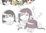  3girls =_= ^_^ black_hair blunt_bangs bow bowtie brown_hair clenched_hand closed_eyes commentary d: exhausted face_down hair_bow hair_ornament hairclip highres holding holding_pencil imagining long_hair love_live! love_live!_school_idol_musical medium_hair mikasa_maya multiple_girls open_mouth paperwork partially_colored partially_translated pencil rayman_limbs short_hair sleeping smile sumeragi_yuzuha suzuka_rena sweatdrop tearing_up tetetsu_(yuns4877) thought_bubble translation_request twintails zzz 