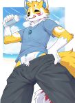 absurd_res anthro bottle bottomwear canid canine clothing container eyes_closed fox hi_res holding_bottle holding_container holding_object kurari_(deruu) kurarifox male mammal pants shirt simple_background solo topwear