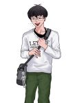  1boy antenna_hair bag bag_charm black_eyes black_hair black_shirt bowl_cut charm_(object) english_text feet_out_of_frame glasses green_pants half-closed_eyes highres holding_strap inkya_lovecome layered_shirt long_sleeves looking_ahead male_focus mole mole_under_mouth oohashi_taiga open_mouth otaku pants print_shirt shirt shoulder_bag simple_background smile solo spitting standing takushi_(taxi739) text_print white_background white_shirt 