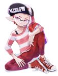  1girl baseball_cap closed_mouth cross-laced_footwear full_body hat highres inkling inkling_girl inkling_player_character long_hair pants pointy_ears psya_ma red_eyes red_footwear red_hair red_pants red_shirt shirt shoes simple_background sitting smile solo splatoon_(series) striped_clothes striped_shirt tentacle_hair two-tone_shirt white_background white_shirt 