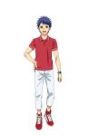  1boy blue_hair full_body hand_on_own_hip highres ichijou_shin king_of_prism king_of_prism:_shiny_seven_stars looking_at_viewer male_focus official_art open_mouth pants pretty_rhythm pretty_series red_eyes red_footwear red_shirt second-party_source shirt shoes short_hair short_sleeves simple_background smile sneakers solo standing tachi-e transparent_background watch white_pants wristwatch 