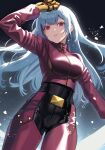  1girl blue_hair blunt_bangs bodysuit breasts cropped_jacket gloves highres ice jacket kula_diamond leather leather_jacket long_hair medium_breasts nice_hajime parted_lips red_eyes solo the_king_of_fighters very_long_hair yellow_gloves zipper 