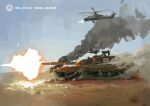  absurdres aircraft battle black_soldier cannon firing helicopter highres impasto military_vehicle motor_vehicle muzzle_flash no_humans oil_painting_(medium) original painting_(medium) people&#039;s_liberation_army smoke tank traditional_media turret type_99_tank vehicle_focus watermark wz-10 