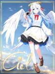 1girl angel_wings aoi_thomas blue_eyes blue_hair blue_shirt blue_sky boots bow brown_footwear camera closed_mouth cloud collared_shirt commentary_request day dress feathered_wings full_body gradient_hair highres holding holding_camera jacket laurel_crown long_sleeves looking_at_viewer multicolored_hair no_socks off_shoulder open_clothes open_jacket original red_bow shirt sky sleeveless sleeveless_shirt smile solo white_dress white_hair white_jacket white_wings wide_sleeves wings 