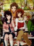  4girls absurdres artist_request bench black_hair blonde_hair blue_dress blurry blurry_background bow brown_eyes brown_hair camisole cardigan collarbone dress frilled_dress frills green_cardigan green_eyes hair_bow hair_ornament headphones hibike!_euphonium highres hood hoodie jacket katou_hazuki kawashima_sapphire kousaka_reina leaf long_hair long_sleeves looking_at_another multiple_girls official_art orange_hoodie orange_jacket oumae_kumiko outdoors pants pink_shirt pleated_dress purple_eyes red_bow shirt short_hair short_sleeves sitting socks standing tree tree_branch white_legwear white_shirt 