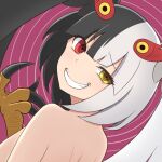  1girl black_hair black_souls breasts claws from_behind grin hand_up harpy head_tilt head_wings jubjub_(black_souls) large_breasts looking_at_viewer monster_girl multicolored_hair pink_background red_eyes smile solo split-color_hair topless udododo upper_body white_hair wings yellow_eyes 