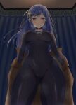  1girl absurdres ass_visible_through_thighs black_bodysuit black_choker blue_eyes blue_hair bodysuit breasts brown_jacket choker covered_navel dim_lighting feet_out_of_frame groin hair_ornament highres indoors jacket large_breasts light_blush lips long_hair looking_at_viewer looking_down macaroni_(dontakadx) maha_(ansatsu_kizoku) open_mouth sekai_saikou_no_ansatsusha_isekai_kizoku_ni_tensei_suru skin_tight solo star_(symbol) star_hair_ornament steaming_body sweat thick_thighs thighs 