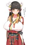  1girl aikometsu black_hair blush breasts hair_ornament highres hime_cut japanese_clothes large_breasts long_hair miko minoto monster_hunter_(series) monster_hunter_rise pointy_ears simple_background solo white_background yellow_eyes 