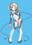  1girl absurdres android blonde_hair blue_background blue_eyes blush bodysuit cable cable_tail flat_chest full_body headphones highres looking_at_viewer mechanical_tail multiple_tails navel original parted_lips pop_(electromagneticwave) revealing_clothes short_hair simple_background solo tail 