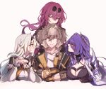  1boy 3girls absurdres acheron_(honkai:_star_rail) afterimage black_hairband black_jacket breasts caelus_(honkai:_star_rail) eyes_visible_through_hair eyewear_on_head firefly_(honkai:_star_rail) grey_hair hair_over_one_eye hairband harem hetero highres honkai:_star_rail honkai_(series) jacket kafka_(honkai:_star_rail) long_hair motion_blur multicolored_hair multiple_girls neckerchief orange_neckerchief purple_eyes purple_hair ru_251 smile streaked_hair trailblazer_(honkai:_star_rail) very_long_hair 