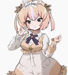  1girl :&lt; animal_ears blue_bow blue_bowtie blush bow bowtie brown_bow brown_dress brown_eyes brown_vest collared_dress cowboy_shot domestic_rabbit_(kemono_friends) dress frilled_sleeves frilled_vest frills hair_between_eyes hair_bow highres houkokukokui kemono_friends kemono_friends_3 light_brown_hair long_sleeves multicolored_hair puffy_sleeves rabbit_ears rabbit_girl sidelocks solo two-tone_dress two-tone_hair v vest white_bow white_dress white_hair 