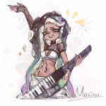  1girl arm_up black_hair breasts cephalopod_eyes character_name cleavage colored_tips commentary_request cropped_legs furrowed_brow green_eyes headphones holding holding_instrument instrument keyboard_(instrument) keytar long_hair marina_(splatoon) medium_breasts mole mole_under_mouth multicolored_hair navel_piercing octoling pants piercing purple_hair smile solo sparkle splatoon_(series) splatoon_3 standing teeth tentacle_hair thenintlichen96 very_long_hair white_background white_pants 