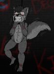  anthro barefoot black_nose bloodshot_eyes bodily_fluids brick_wall canid canine canis crying fangs feet fur grey_body grey_fur hanged male mammal noose nude solo solo_focus tears unknown_artist wall_(structure) wolf wounded 