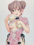  1girl breast_cutout breasts brown_eyes brown_hair censored censored_nipples china_dress chinese_clothes clothing_cutout covering_breasts covering_privates double_bun dress drooling emoji emoji_censor floral_print food fruit hair_bun highres looking_at_viewer melon navel_cutout open_mouth original pink_dress saliva short_sleeves small_breasts smile solo teeth upper_body upper_teeth_only white_background yug_(ekaki) 