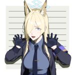  1girl absurdres animal_ear_fluff animal_ears black_gloves black_jacket black_necktie blonde_hair blue_archive blue_eyes blue_shirt breasts claw_pose collared_shirt gloves hair_over_one_eye height_mark highres jacket kanna_(blue_archive) large_breasts long_hair looking_at_viewer necktie notched_ear open_clothes open_jacket open_mouth sharp_teeth shirt simple_background solo teeth upper_body yoroshinbo 
