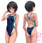  1girl amagami ass black_hair blue_one-piece_swimsuit breasts brown_eyes commentary_request commission competition_swimsuit cowboy_shot dated highleg highleg_swimsuit highres multiple_views nanasaki_ai one-piece_swimsuit one-piece_tan pixiv_commission short_hair signature simple_background small_breasts swimsuit tan tanlines two-tone_swimsuit variant_set white_background yoo_tenchi 