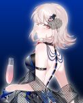  1girl alcohol alternate_costume bangs bare_shoulders black_choker blue_background blue_bow blue_gloves bow bra breasts choker commentary_request danganronpa_(series) danganronpa_2:_goodbye_despair dress from_side glass gloves gradient gradient_background highres holding light_brown_hair looking_at_viewer medium_breasts medium_hair nanami_chiaki neck_ribbon polka_dot polka_dot_bow polka_dot_bra polka_dot_legwear red_ribbon ribbon shiny shiny_hair sideways_glance solo spaceship_hair_ornament tuteurfars_shin underwear upper_body 