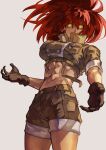  1girl abs absurdres alternate_hair_color black_gloves breasts dark_persona gloves glowing glowing_eyes green_jacket green_shorts highres jacket leona_heidern midriff military_uniform muscular muscular_female orochi_leona ponytail red_eyes red_hair short_sleeves shorts soldier solo suspenders syachiiro the_king_of_fighters uniform yellow_eyes 