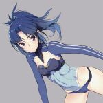  1girl alice_gear_aegis blue_hair branch_(blackrabbits) breasts covered_nipples cowboy_shot dutch_angle grey_background highleg highleg_leotard leotard long_hair micro_shorts parted_lips ponytail purple_eyes shorts simple_background small_breasts solo takanashi_rei 