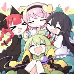  &gt;_&lt; 4girls :d ahoge animal_ears asameshi black_bow black_dress black_hair black_hairband blouse blush_stickers bow braid buttons cat_ears closed_eyes closed_mouth commentary diamond_button dress extra_ears frilled_sleeves frills green_bow green_hair green_skirt hair_bow hair_ornament hairband happy heart heart_hair_ornament highres kaenbyou_rin komeiji_koishi komeiji_satori long_hair long_sleeves multiple_girls no_headwear open_mouth pink_hair pointy_ears puffy_short_sleeves puffy_sleeves red_hair reiuji_utsuho shirt short_hair short_sleeves skirt sleeves_past_fingers sleeves_past_wrists smile third_eye touhou twin_braids wavy_mouth white_shirt wide_sleeves yellow_shirt 
