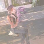  1girl bare_shoulders crop_top dutch_angle from_side gba_dod grass hair_lift highres holding holding_rope long_hair midriff navel original outdoors pants purple_eyes purple_hair rope shirt sitting sleeveless sleeveless_shirt solo swing swinging 
