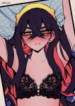  1girl arms_up black_bra black_hair blush bra breasts carmine_(pokemon) close-up closed_mouth colored_inner_hair crossed_bangs full-face_blush hair_between_eyes headband highres lace-trimmed_bra lace_trim long_hair lying mitisu_u mole mole_under_eye multicolored_hair on_back pokemon pokemon_sv red_hair signature small_breasts solo sweat two-tone_hair underwear yellow_eyes yellow_headband 