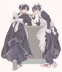  2boys apron black_dress black_gloves black_pants blue_eyes blue_pants crossdressing cup dress drink drinking drinking_straw drinking_straw_in_mouth earrings frilled_apron frills glasses gloves hand_in_pocket hand_up highres holding holding_cup holding_drink jewelry juice_box juliet_sleeves leaning_forward long_sleeves maid maid_apron maid_headdress male_focus male_maid mi_(pic52pic) multiple_boys original pants profile puffy_sleeves red_eyes shoe_soles shoes short_hair simple_background stud_earrings track_pants white_apron white_background 